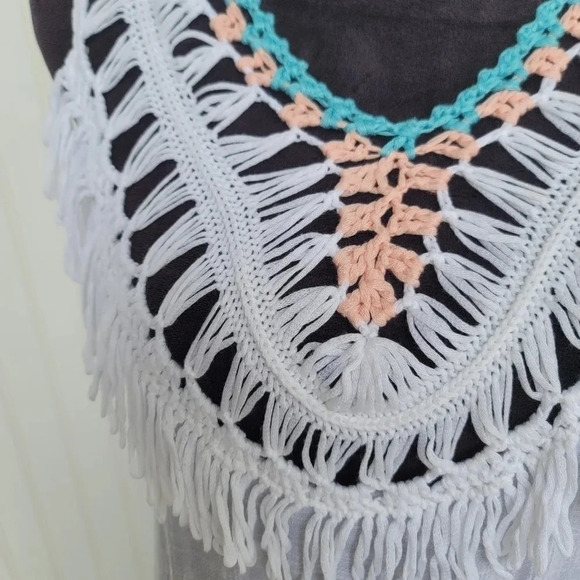 Cupshe Swim Coverup Dress One Size Boho Crochet Pom Pom Fringe Tassel White Blue - Picture 4 of 13